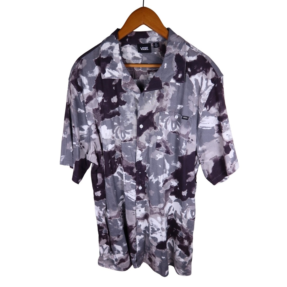 Vans Mens XL Grey Black Abstract Camo Print Short Sleeve Button Down Shirt Exc